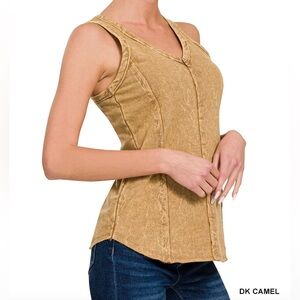 Women's Sleeveless 100% Cotton French Terry Crinkle V-Neck Top in Dark Camel